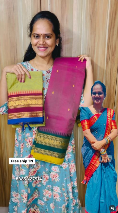 Kanchi Cotton Saree – Zari Weaving Border with Buttas & Striped Pallu