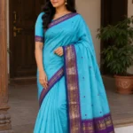Kanchi Cotton Saree – Zari Weaving Border with Buttas & Striped Pallu
