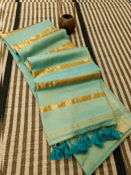 Premium Tissue Khadi Cotton Saree – Full Zari Weaving with Self Border & Running Blouse