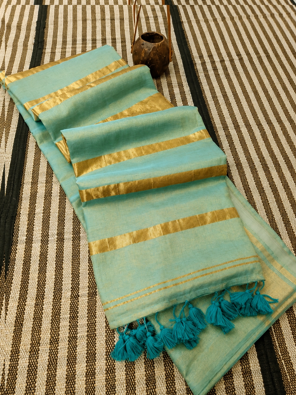 Premium Tissue Khadi Cotton Saree – Full Zari Weaving with Self Border & Running Blouse