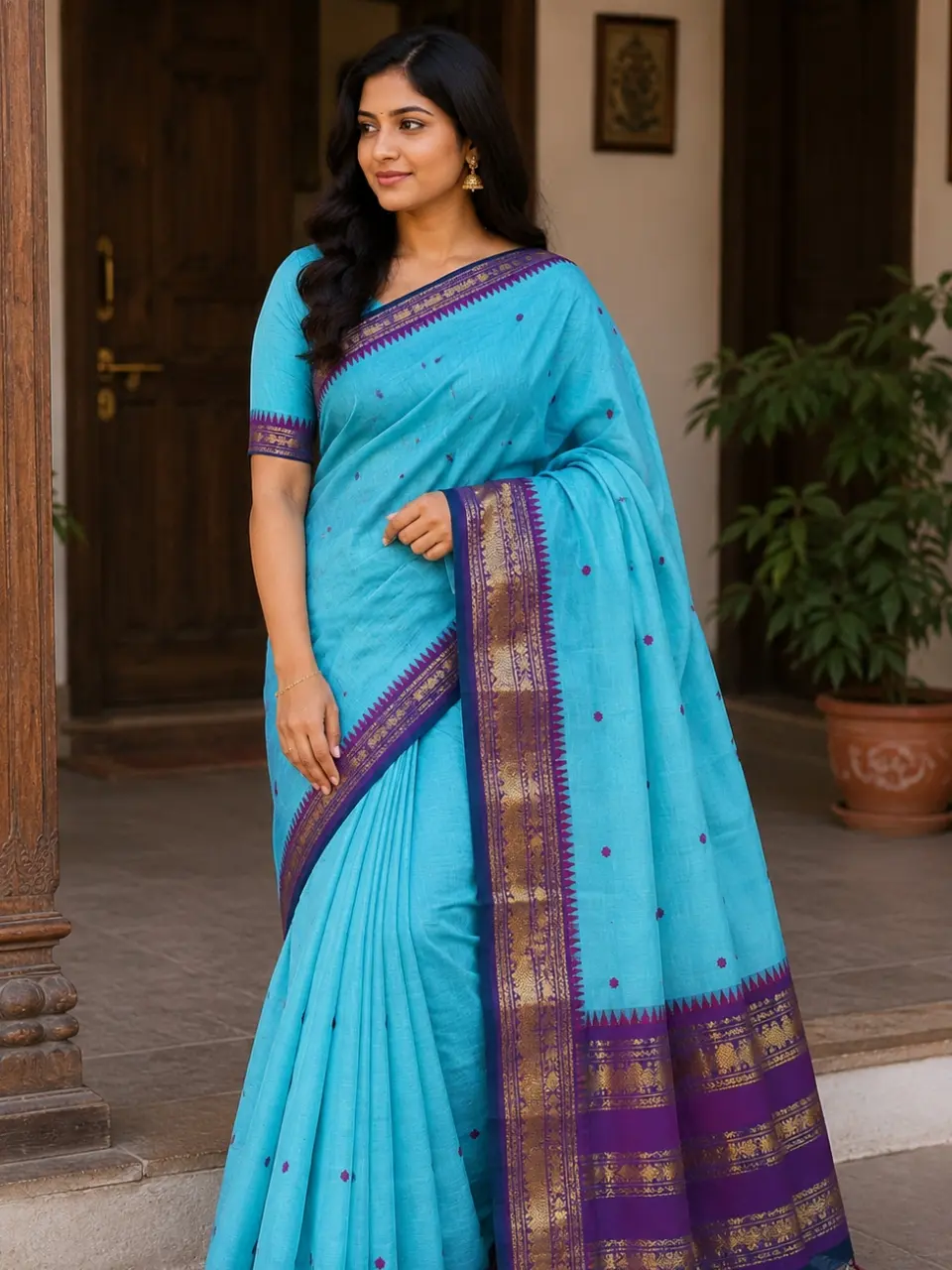 Kanchi Cotton Saree – Zari Weaving Border with Buttas & Striped Pallu