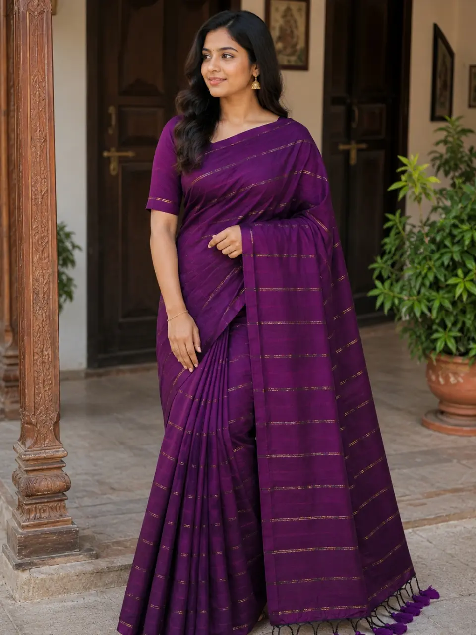 Khadi Cotton Saree – Zari Stripe Lines with Running Plain Blouse