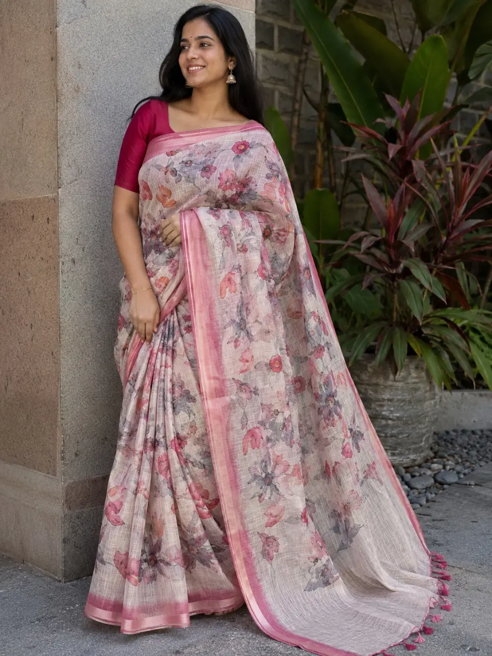 Soft Linen Cotton Saree – Floral Print with Contrast Border