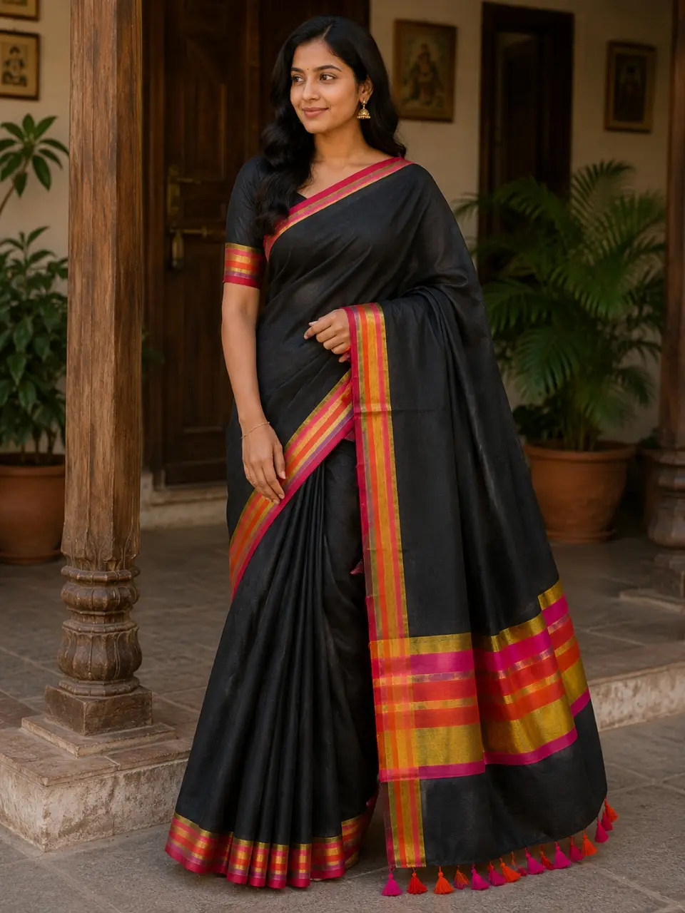 Black Mul Cotton Saree – Multi Color Border (No Blouse)