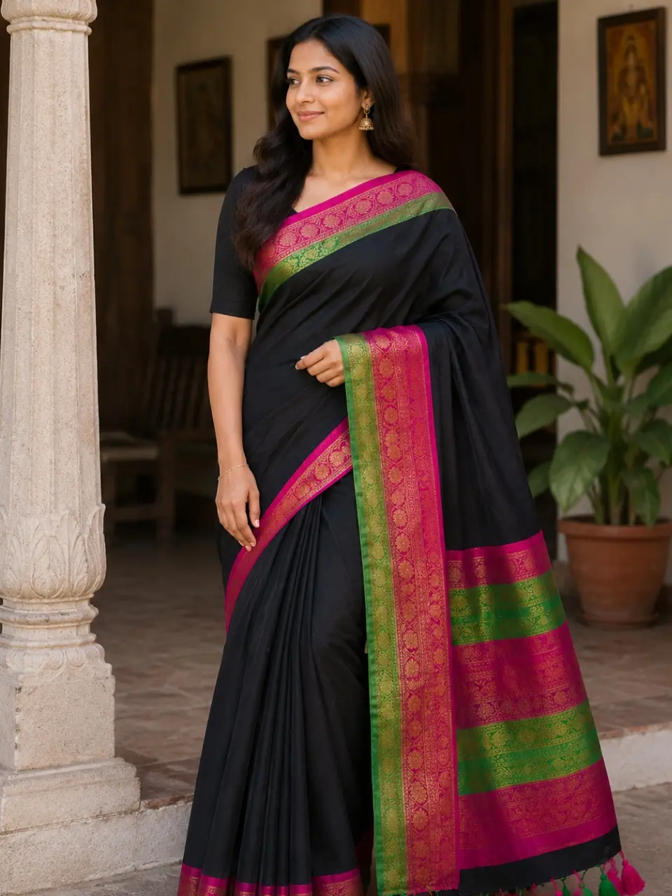 Mul Cotton Saree – Kanchi Style Contrast Border with Running Blouse