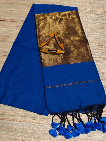 Celebrity Inspired Khadi Cotton Saree – Zari Pallu with Border & Blouse Peacock blue