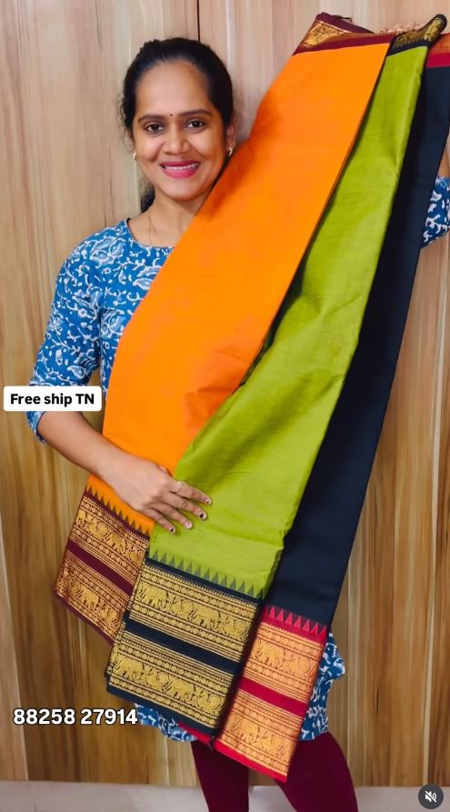 Kanchi Cotton Saree – Double Zari Border with Striped Pallu & Running Blouse