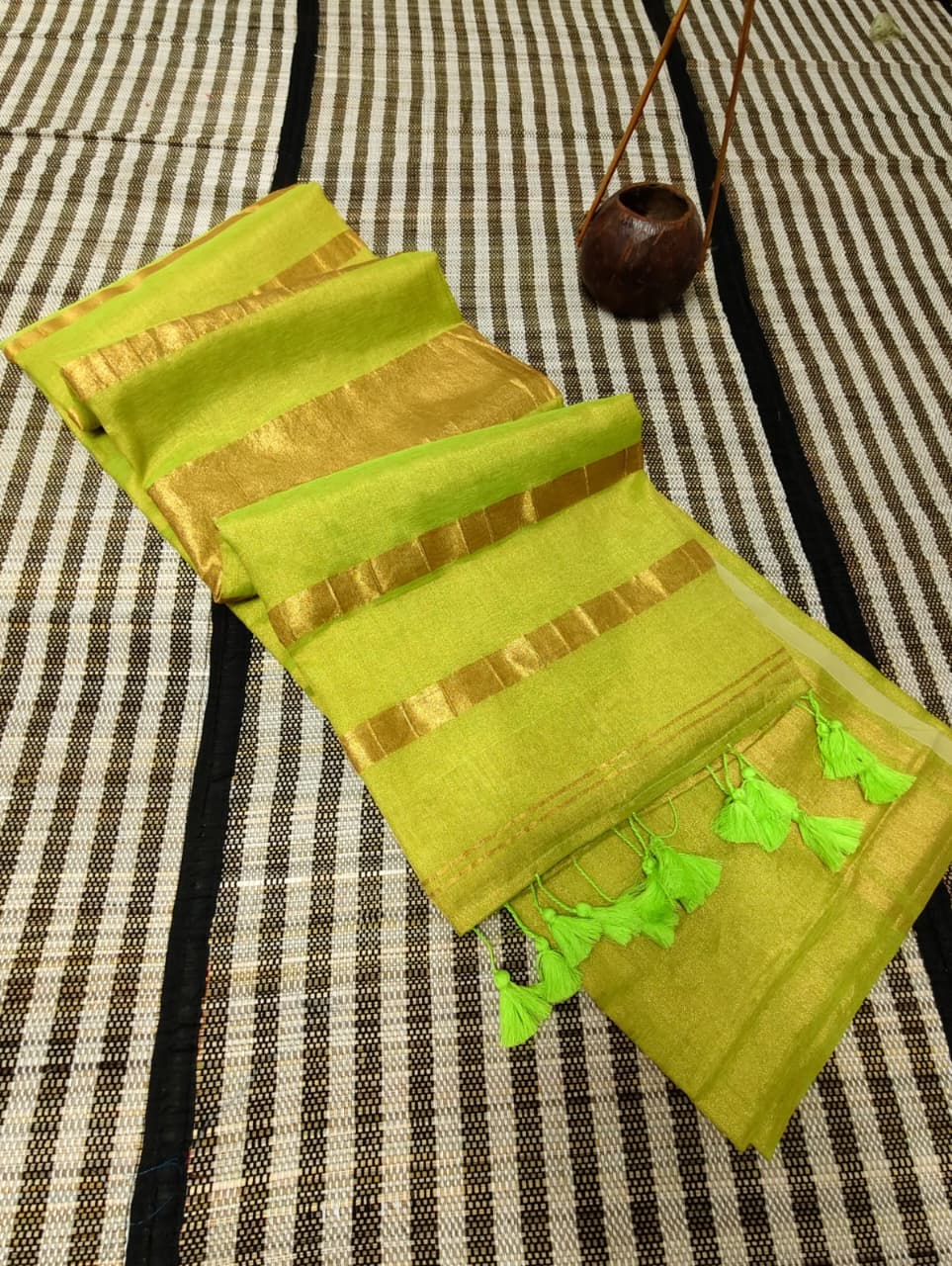 Premium Tissue Khadi Cotton Saree – Full Zari Weaving with Self Border & Running Blouse