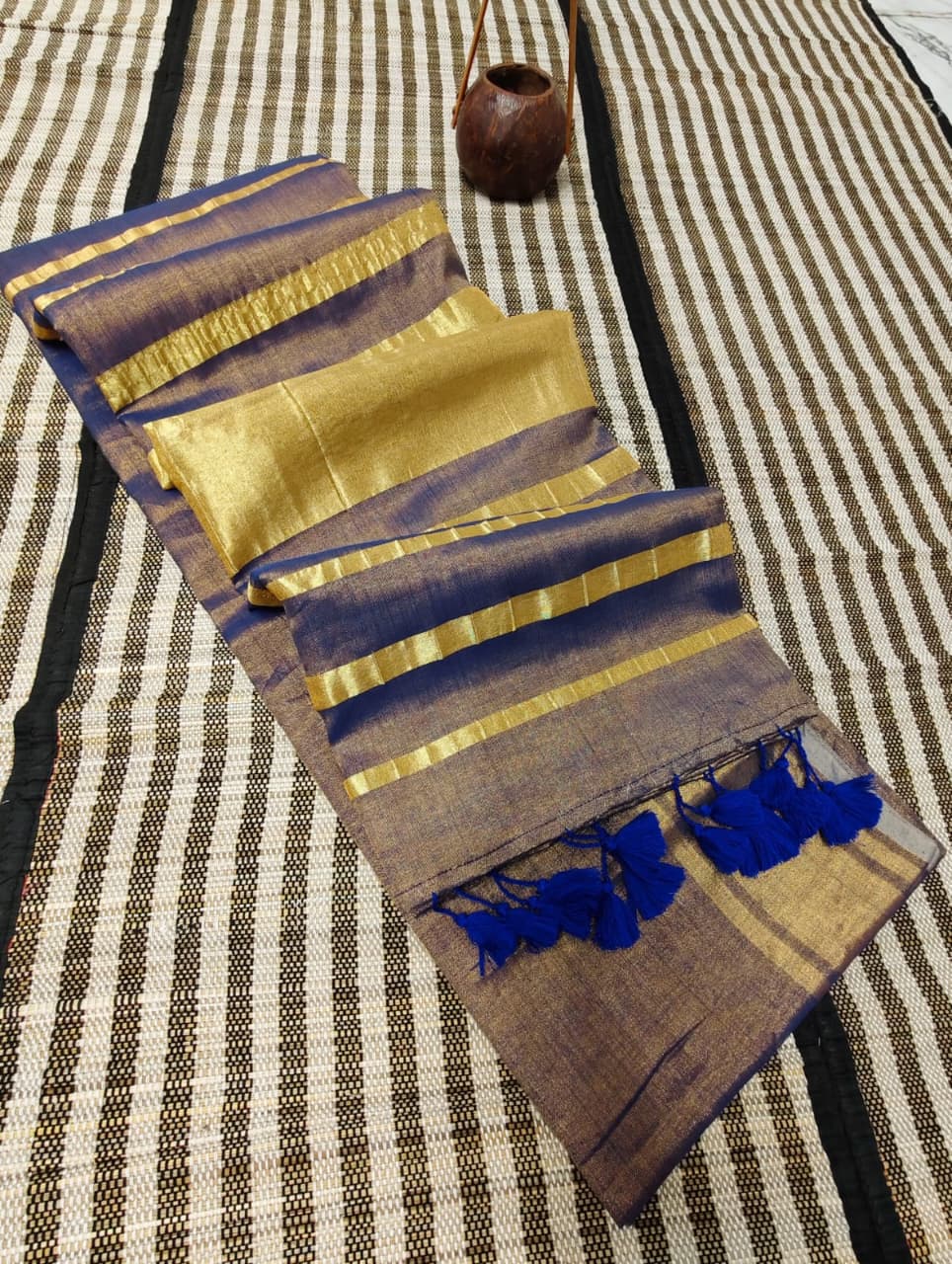 Premium Tissue Khadi Cotton Saree – Full Zari Weaving with Self Border & Running Blouse