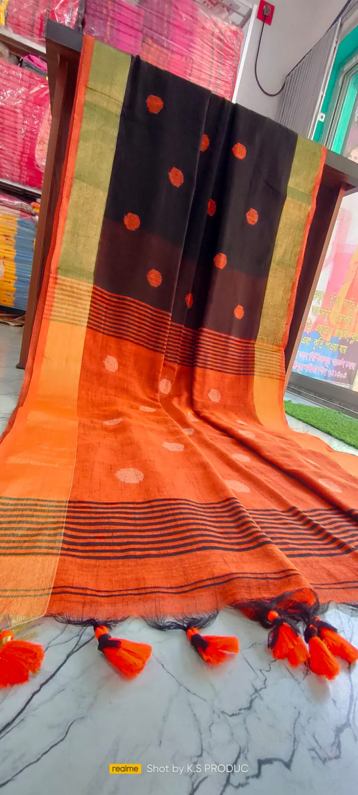 Black Ball Linen Khadi Cotton Saree – Handwork Design with Contrast Pallu & Blouse