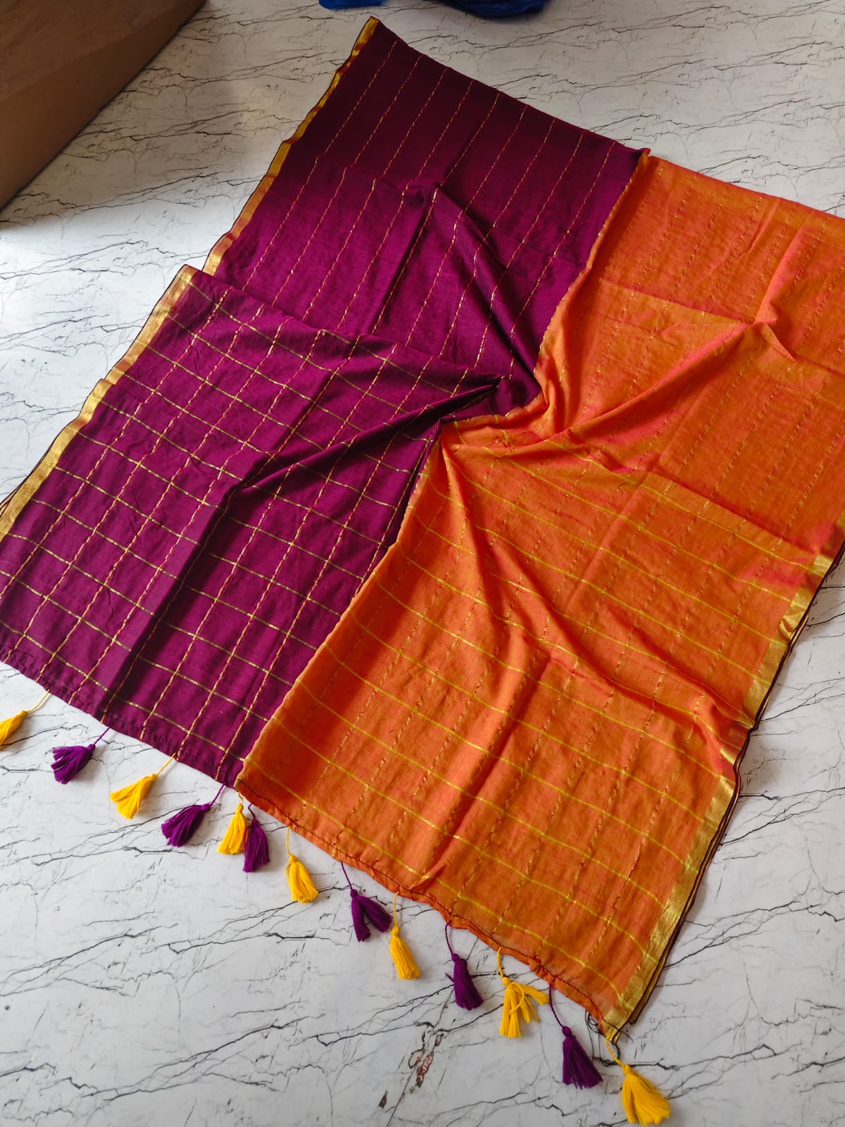Half and Half Mul Cotton Saree – With zari weaving