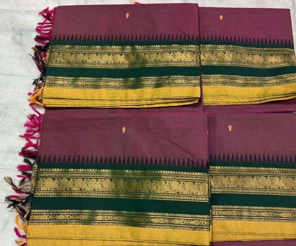 Kanchi Cotton Saree – with Buttas, zari weaving border & Striped Pallu