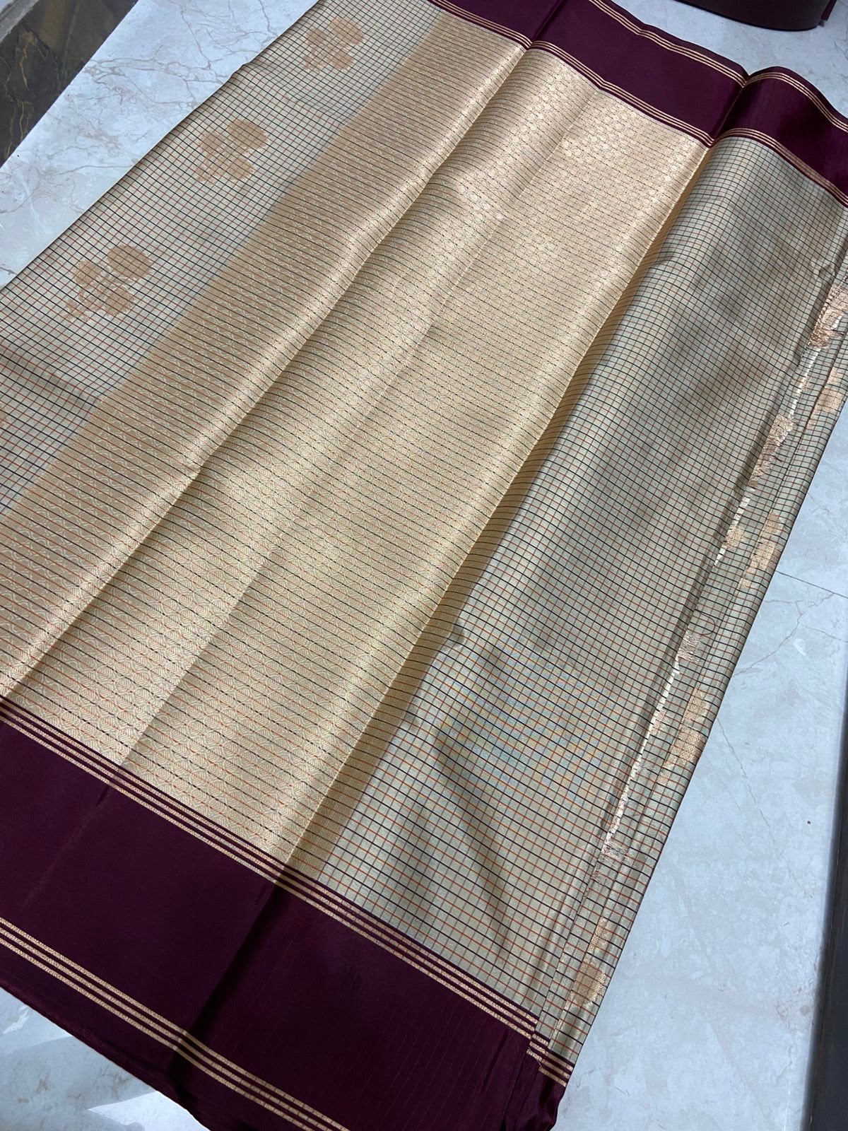 Soft Silk Saree –  Small checks Cream color saree with dual tone blouse and contrast plain border