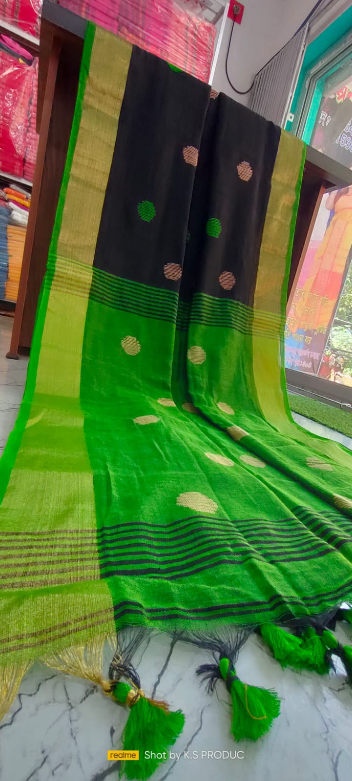 Black Ball Linen Khadi Cotton Saree – Handwork Design with Contrast Pallu & Blouse