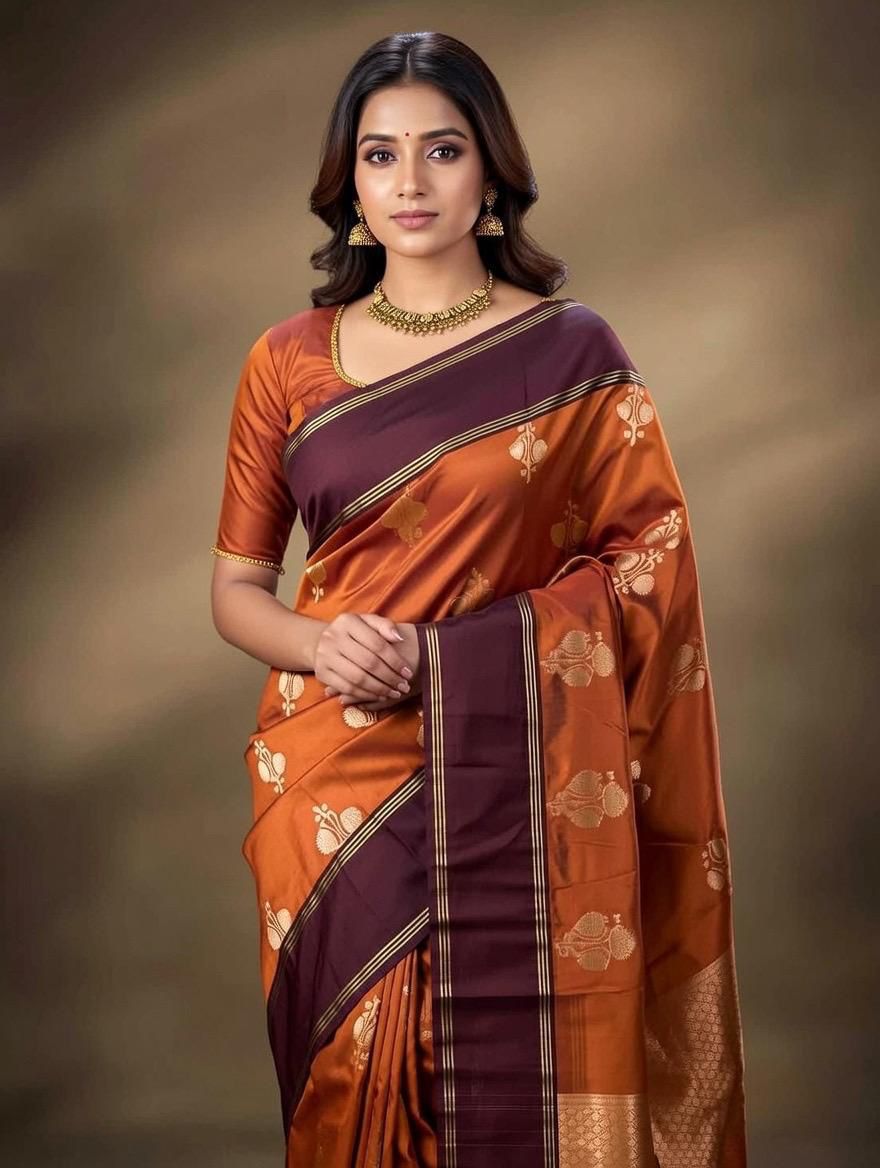 Soft Silk Saree – Rustic Orange with Zari woven dual tone blouse and contrast border