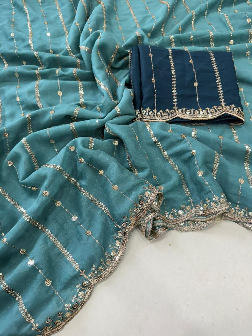Georgette Saree - Complete Sequence work with Contrast Blouse - Party Wear collection