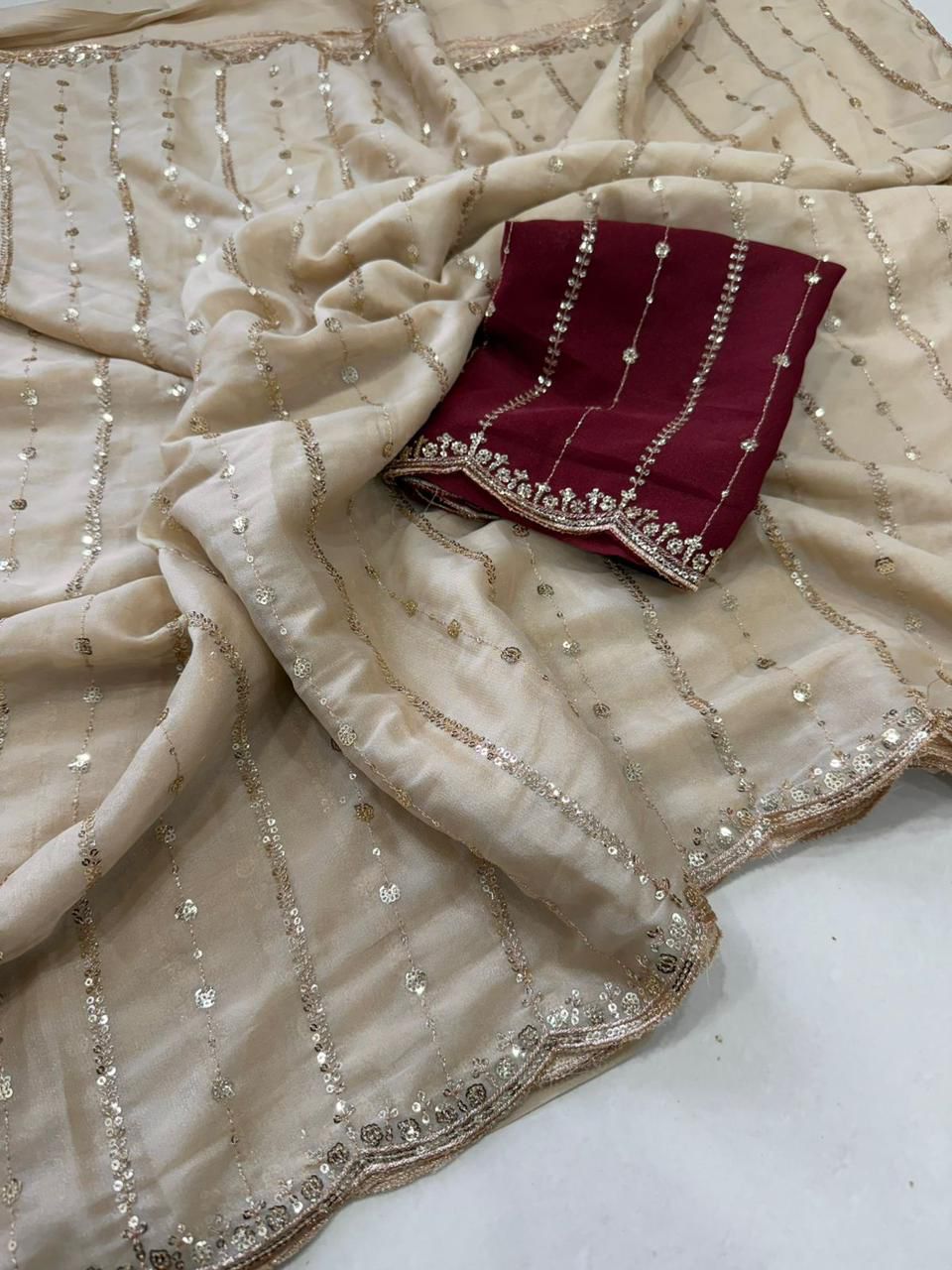 Georgette Saree - Complete Sequence work with Contrast Blouse - Party Wear collection