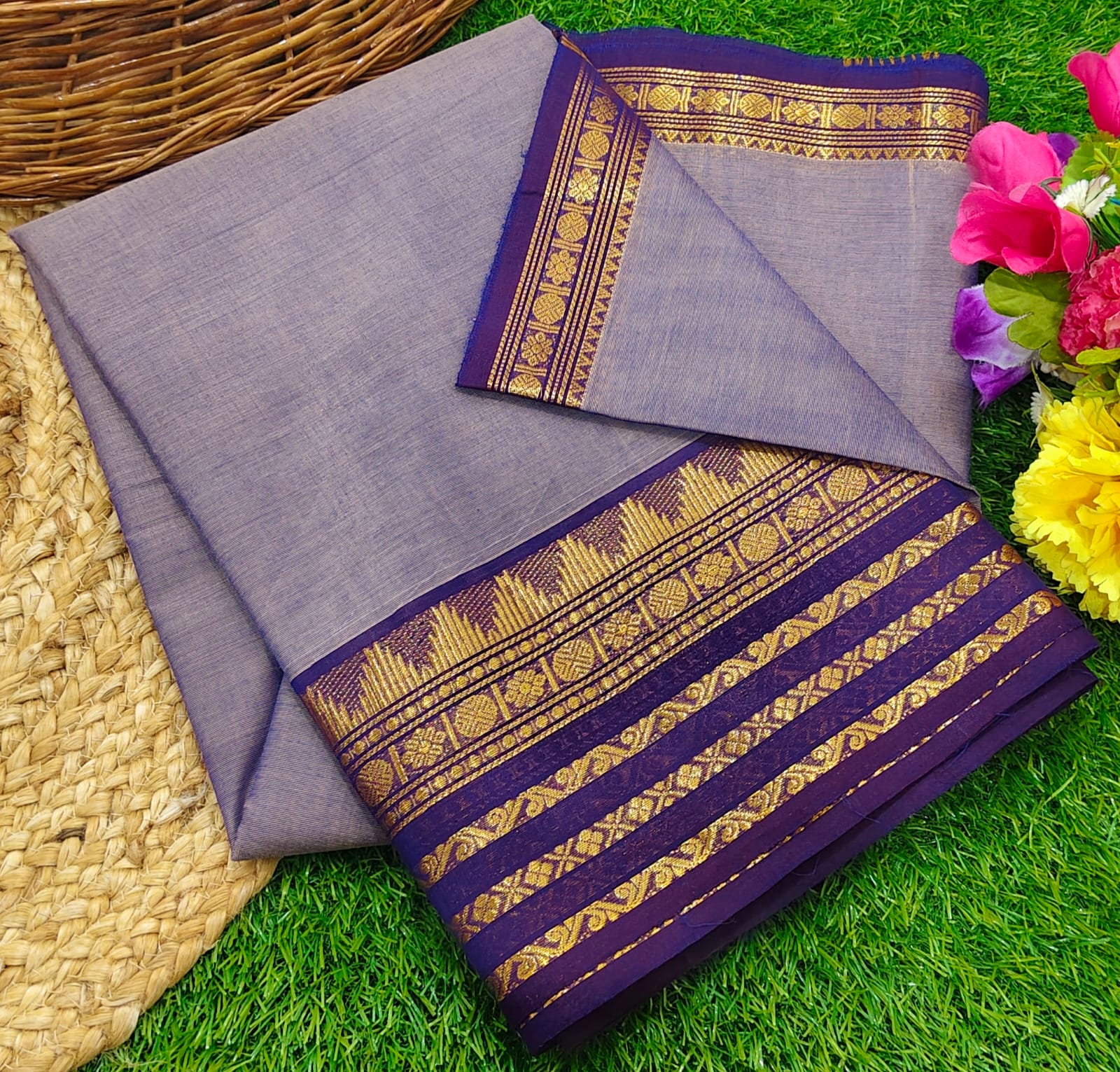 Kanchi Cotton Saree – Traditional and contemporary Zari Border with Striped Pallu & Running blouse