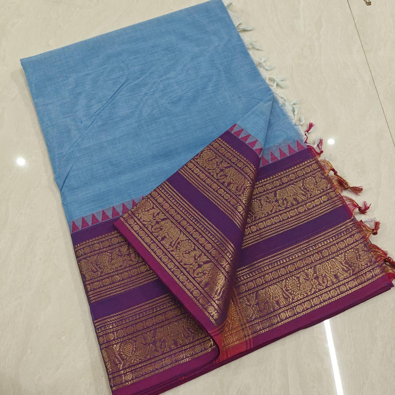 Kanchi Cotton Saree – Double Zari Border with Striped Pallu & Running Blouse - Blue