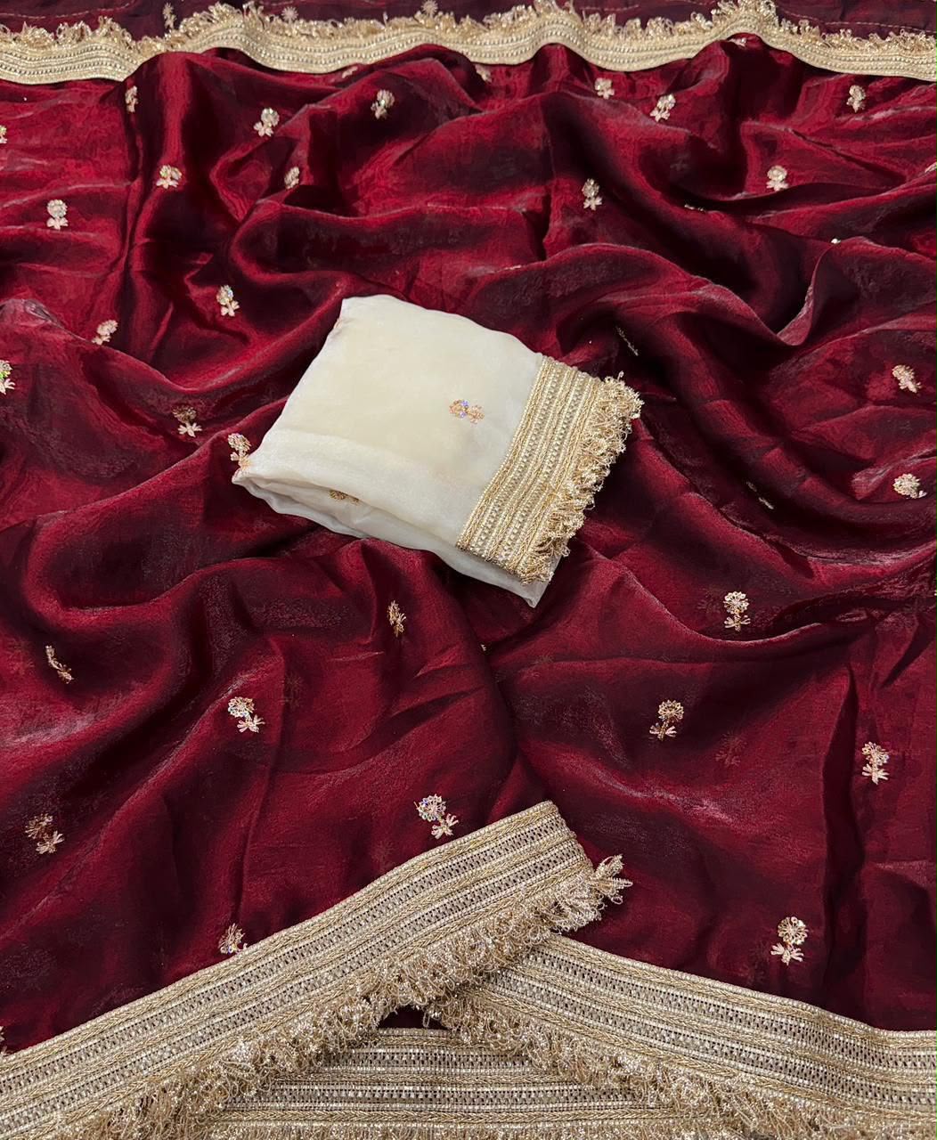 Space silk - party wear saree with sequence and embroidery lace border and contrast worked blouse