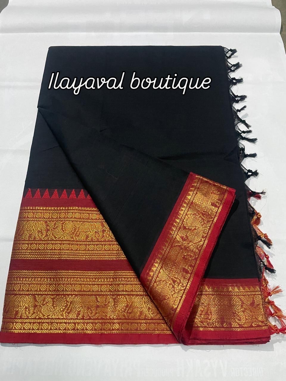 Kanchi Cotton Saree – Double Zari Border with Striped Pallu & Running Blouse Black