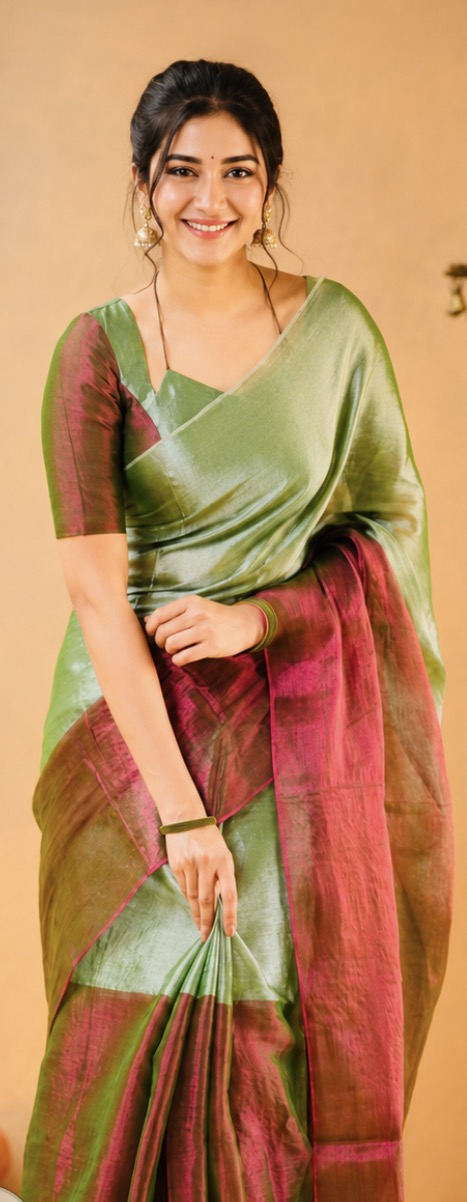 Premium Soft Tissue Khadi Cotton Saree – Half and Half Pattern and Running Blouse