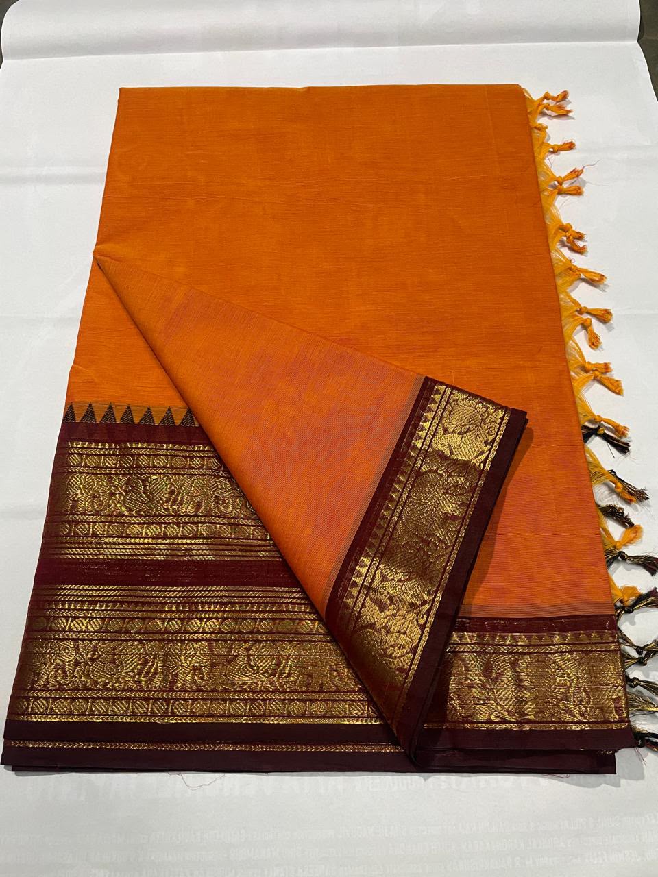 Kanchi Cotton Saree – Double Zari Border with Striped Pallu & Running Blouse - Orange