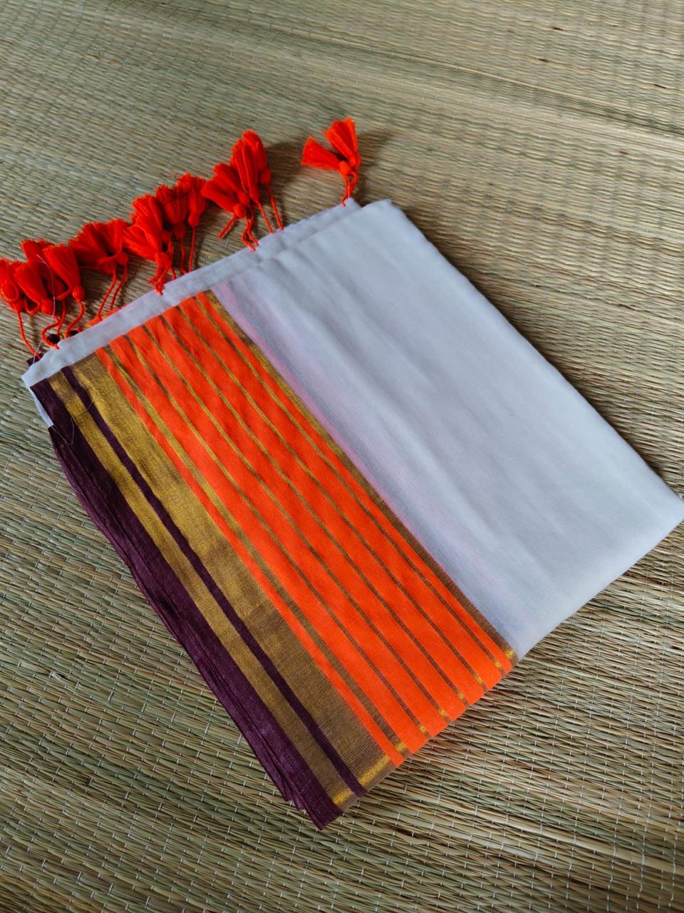 White Mul Cotton Saree – Multi Color Border (No Blouse) - White